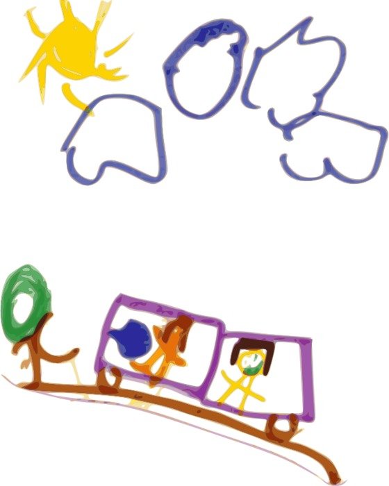 people in car climbing hill, childâs drawing