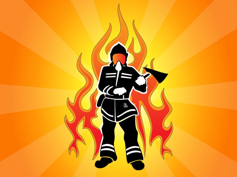 drawn fireman on fire background