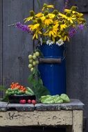 still life pot wooden door