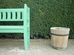 bench bucket wooden green brown