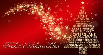 Merry Christmas on the background of stars and a Christmas tree with letters