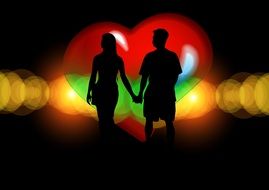 silhouettes of enamored pair on a background of heart