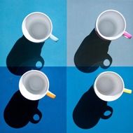four coffee cups colorful checked
