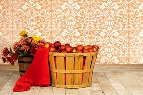 wooden basket with red apples for decoration