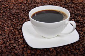 cup of coffee on scattered beans