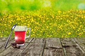 background with spring field and cup of tea