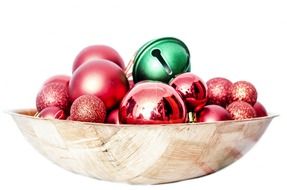 Christmas balls in wooden bowl