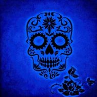 decorative black skull and rose on a blue background