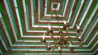 old wooden ceiling with chandelier