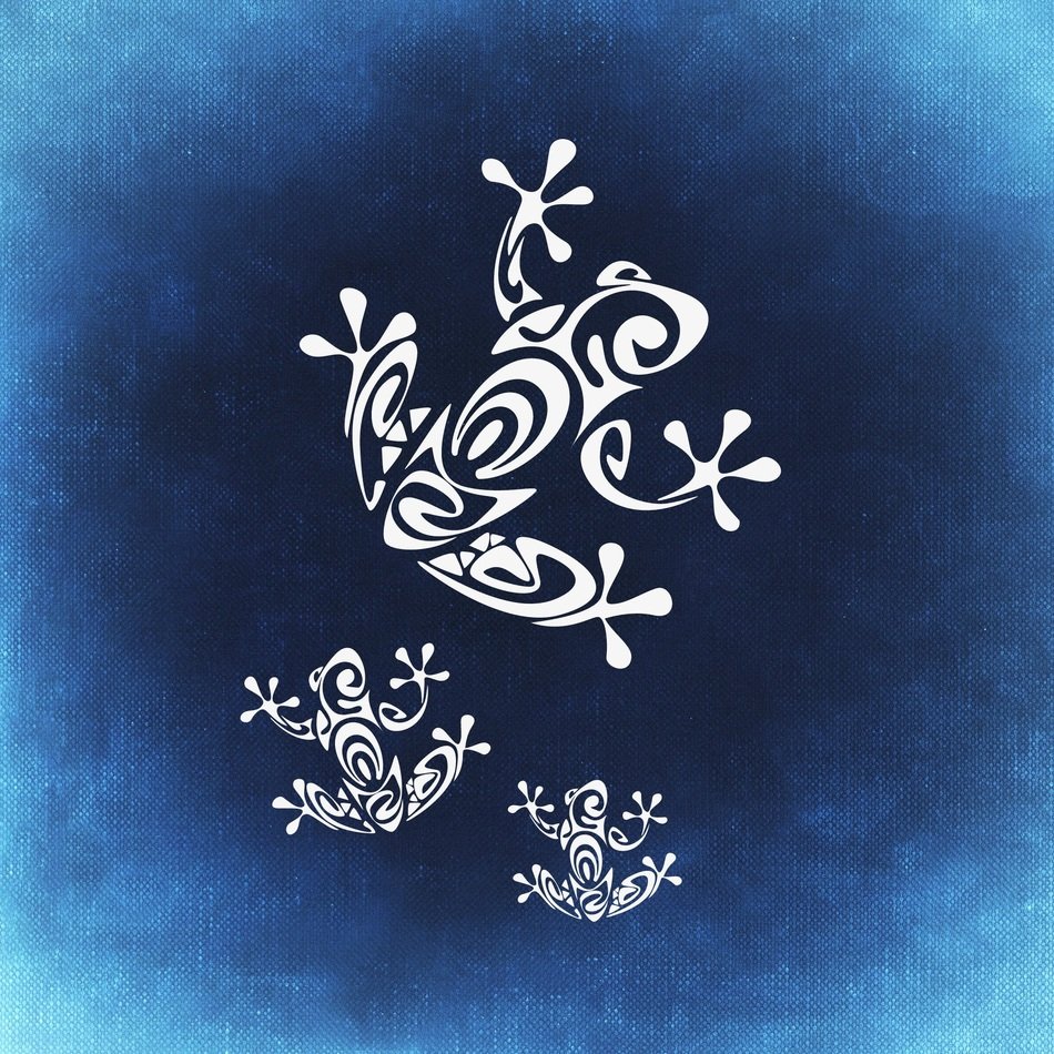 blue background with abstract frogs