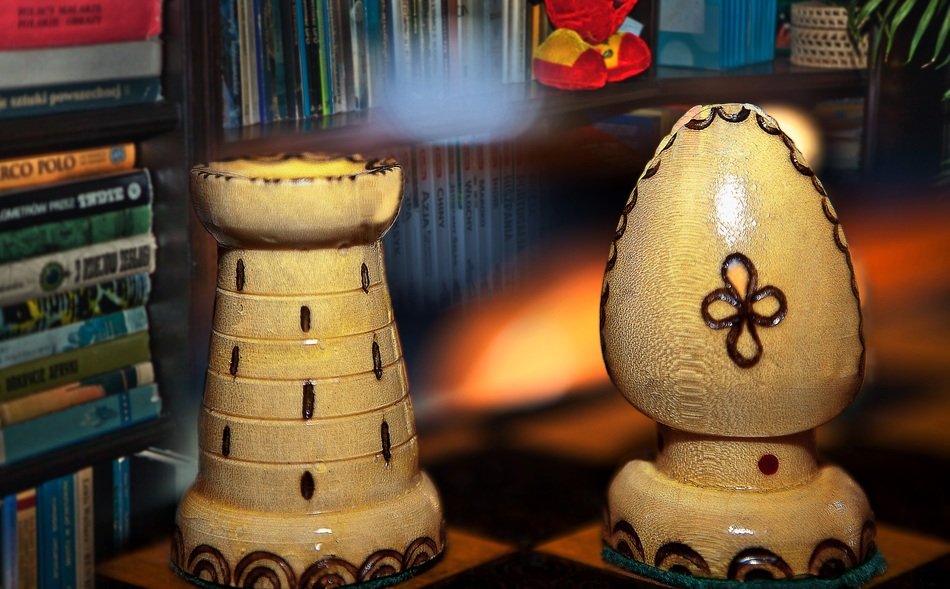 wooden chess pieces in library, collage