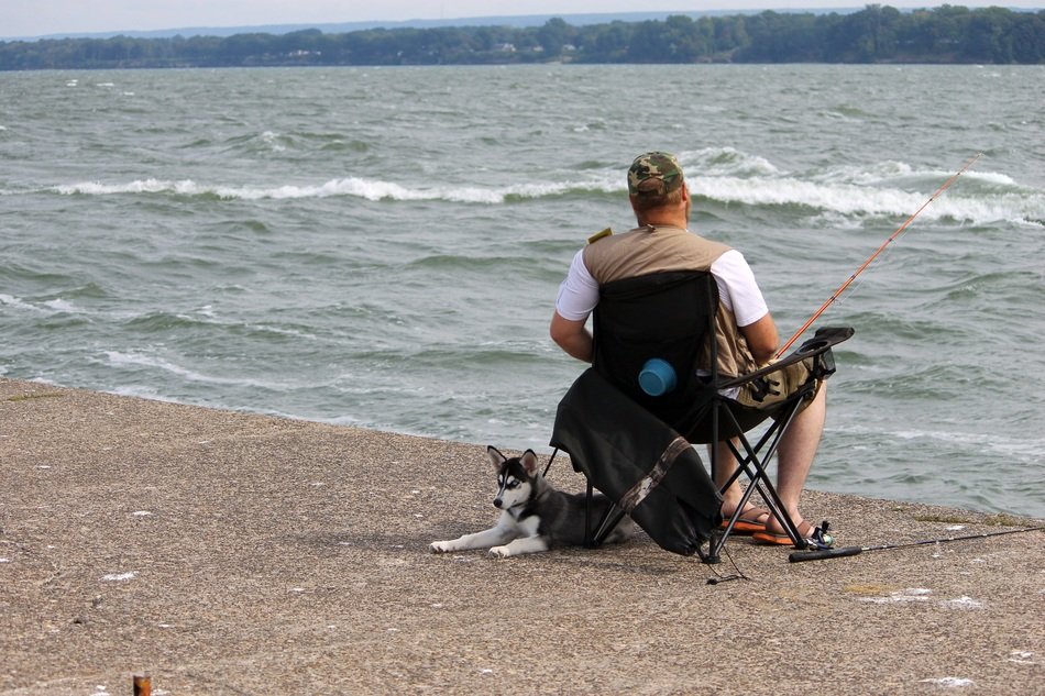 man dog fish fishing