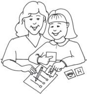 black and white clipart teacher with student