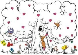 drawing of a tree with animals