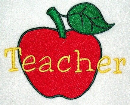 embroidery in the shape of an apple and the inscription teacher