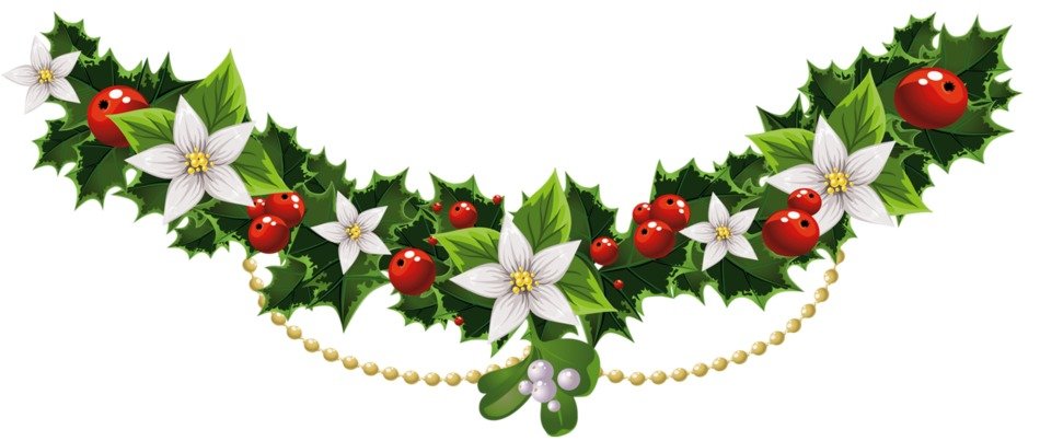 Christmas garland with flowers and green leaves.