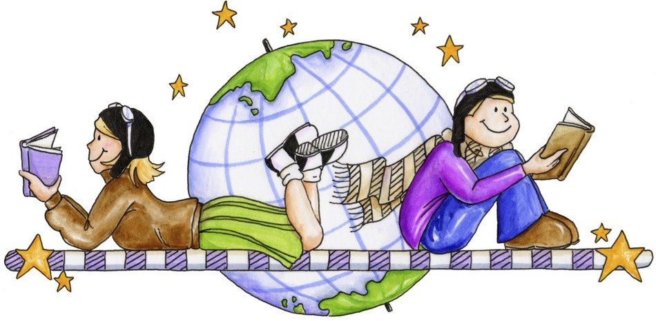 drawn reading children on globe background