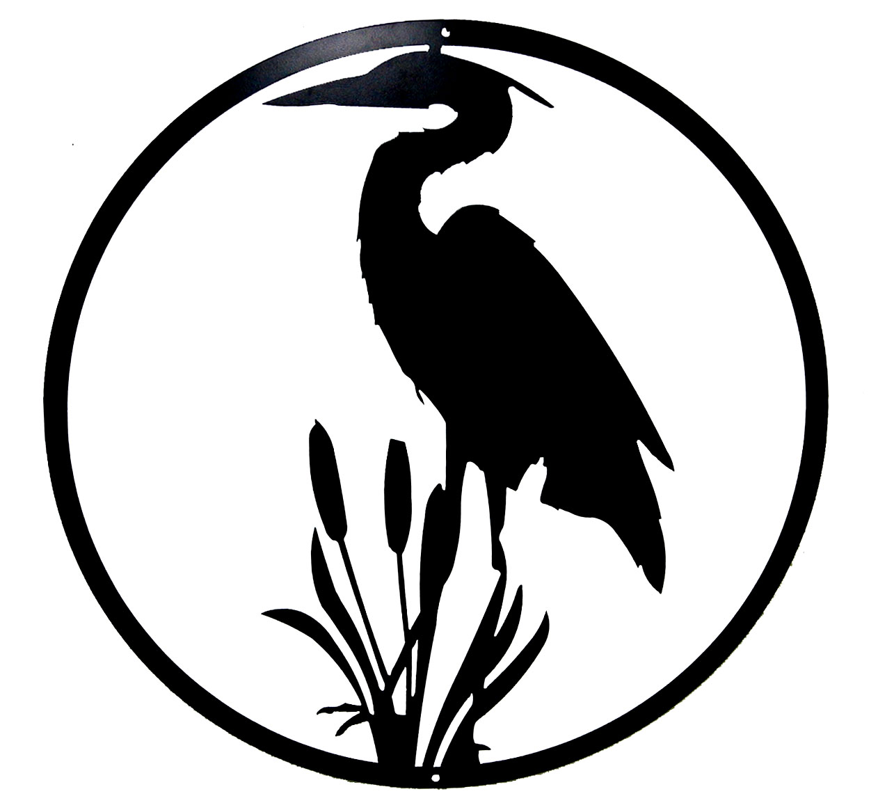 Black silhouette of a heron and reeds in a circle free image download