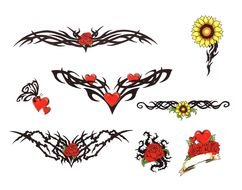 symbols of Love, Hearts and flowers, set of Tattoo designs