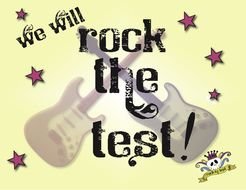 we will rock the test, black lettering on yellow background with crossed guitars