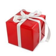 photo of a red gift with a white ribbon