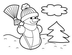 cute snowman with broom, Christmas Coloring Page