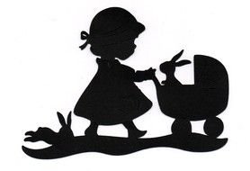 silhouette of a girl rolling a rabbit in a stroller