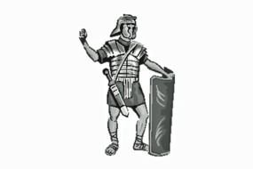 ancient roman warrior with shield holds hand up