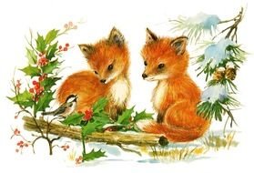 vintage christmas card with little foxes