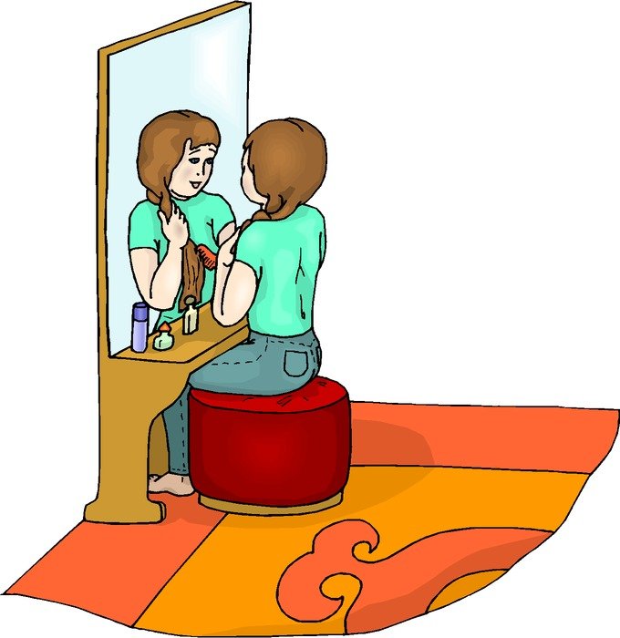 Girl Brushing Hair at mirror, drawing