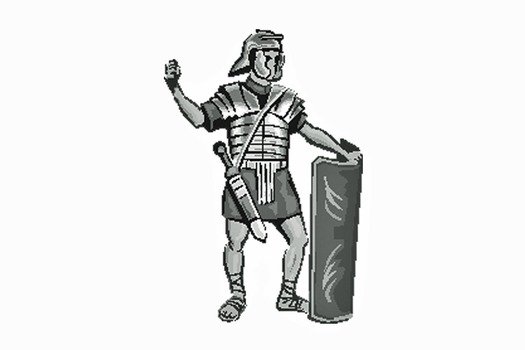 ancient roman warrior with shield holds hand up