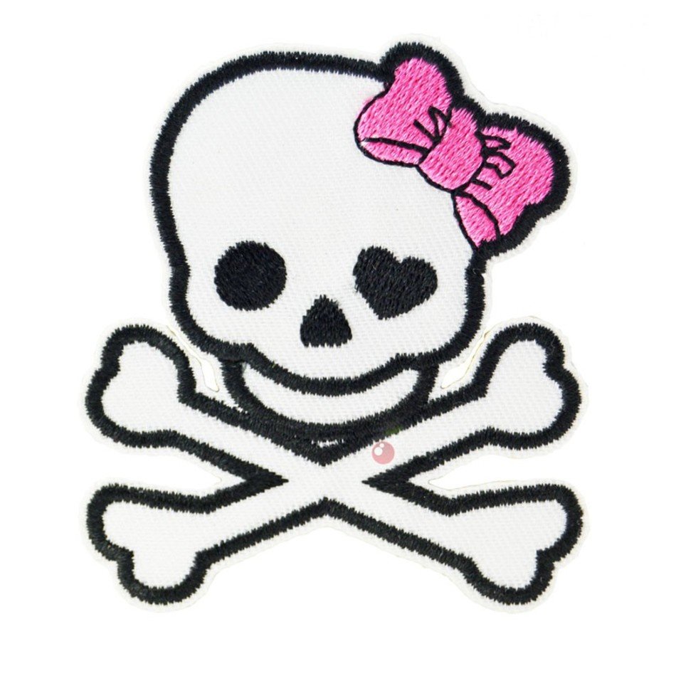embroidery in the form of a skull with a pink bow
