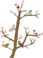 painted colorful birds on a blossoming cherry tree