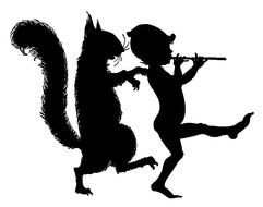Silhouette of walking child with flute and squirrel