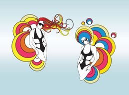 two women in black swimsuits with colored hair