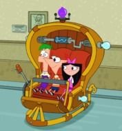 cartoon characters from television series Phineas and Ferb in Time Travel Machine