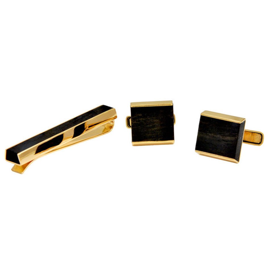 ALLAN ADLER Wood Cufflinks And Tie Clip