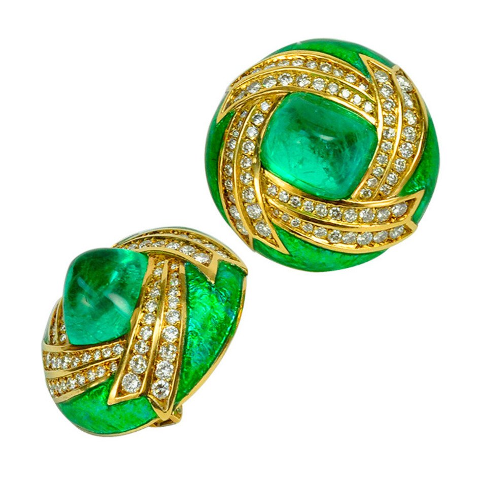 20Cts Cabochon Emerald Diamond And Green Enamel Earrings