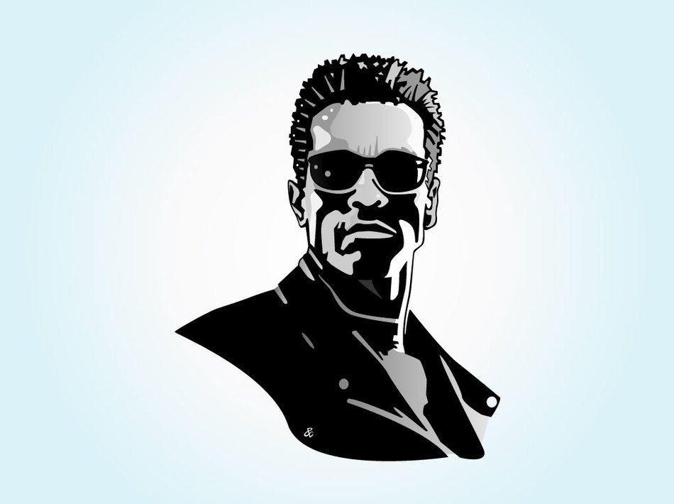 black and white portrait of the Terminator on a blue background