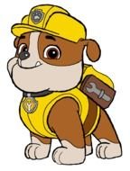 painted puppy in yellow suit of cartoon PAW Patrol