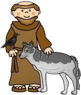 monk with a gray wolf as a graphic image