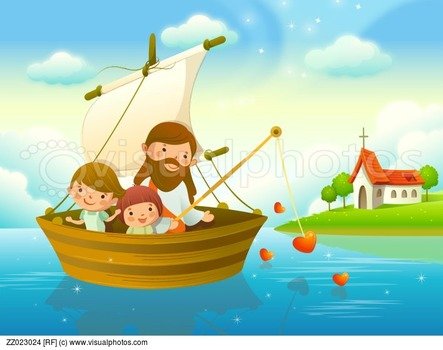 Jesus Christ With Two Children Fishing In A River
