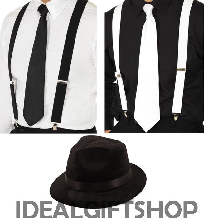 GANGSTER HAT TIE BRACES SET 1920S GATSBY FANCY DRESS AL CAPONE MAFIA