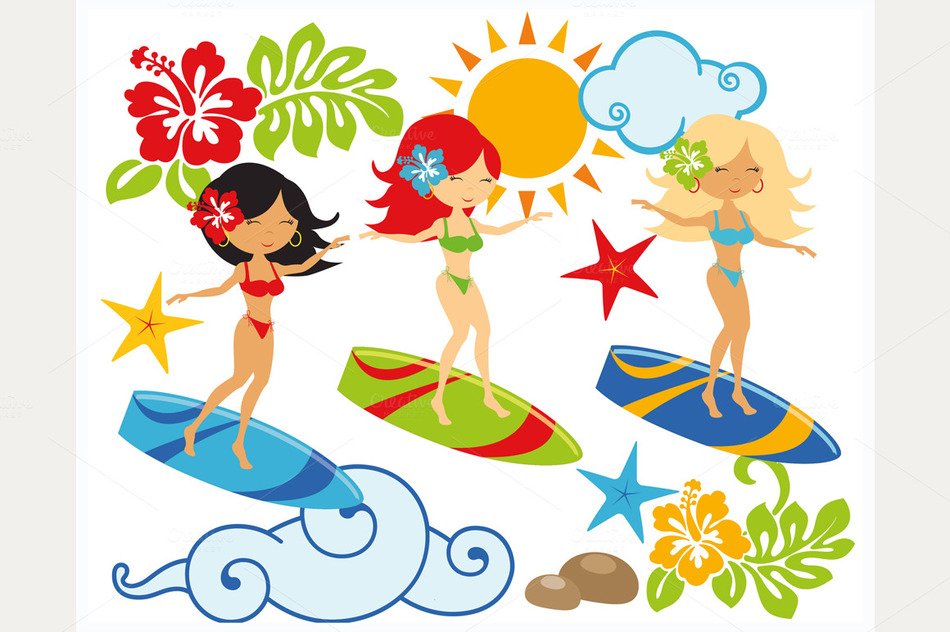 drawings of girls on boards in hawaii