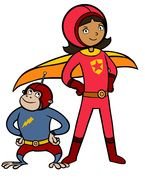 Captain Huggy Face, a monkey, and WordGirl, animation characters
