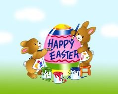 Happy Easter, two baby bunnies painting egg, greeting