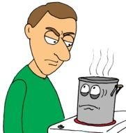 cartoon man looking at a hot pot on the stove