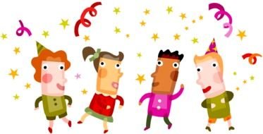 four cartoon persons on dancing party