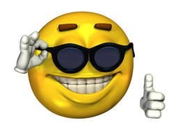 Happy smiley Face in black glasses thumb up