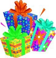 drawn three multi-colored gifts on a white background